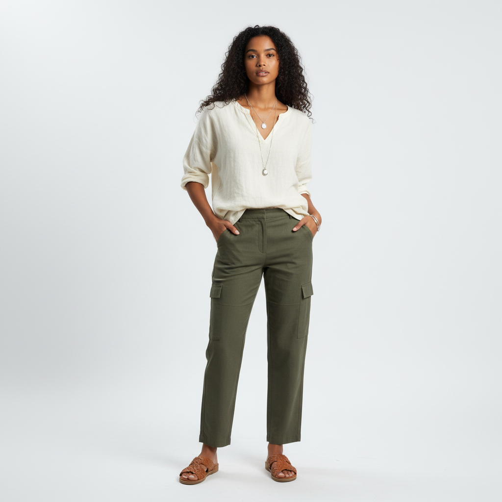 Model wearing Lynn's Closet Boutique Kobi Halperin Denny olive green cargo pants with a white blouse and sandals.