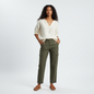 Model wearing Lynn's Closet Boutique Kobi Halperin Denny olive green cargo pants with a white blouse and sandals.