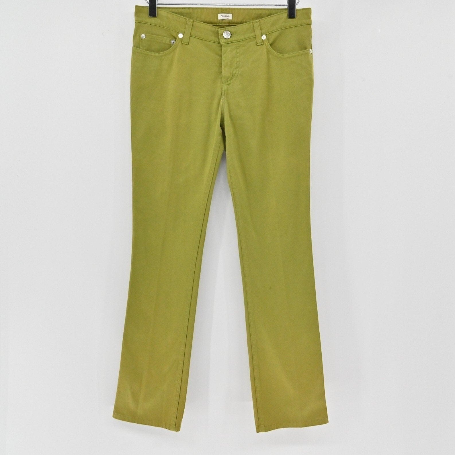 Lynn's Closet Boutique Agnona olive green straight-leg pants with five-pocket styling and button-zip fly closure.