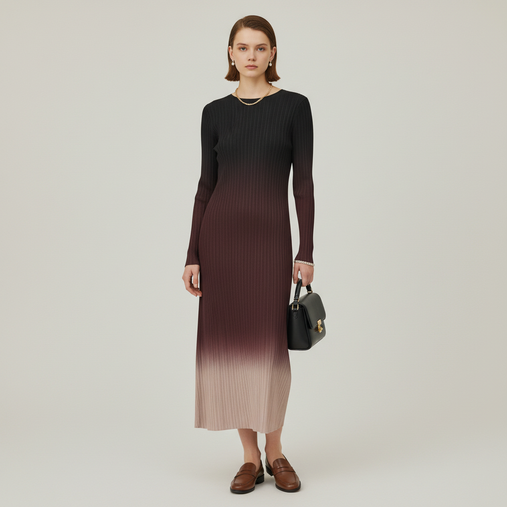 Lynn's Closet Boutique Misook ombré pleated knit midi dress with long sleeves, transitioning from black to beige.