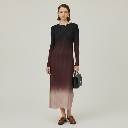 Lynn's Closet Boutique Misook ombré pleated knit midi dress with long sleeves, transitioning from black to beige.