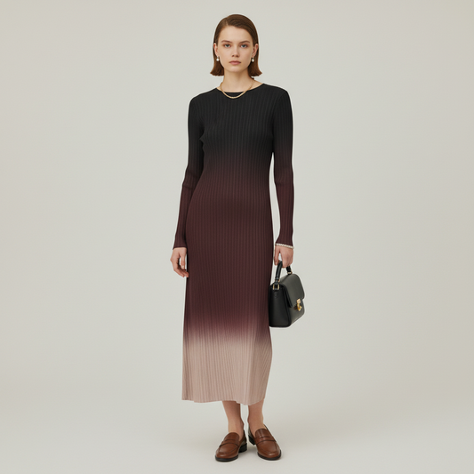 Lynn's Closet Boutique Misook ombré pleated knit midi dress with long sleeves, transitioning from black to beige.