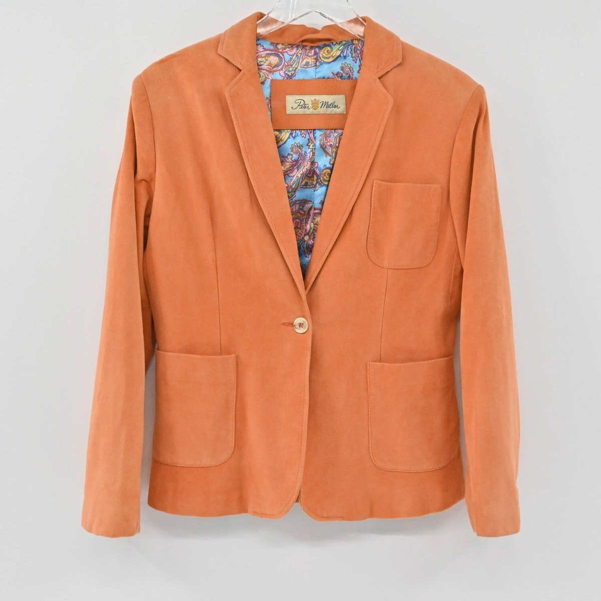 Lynn's Closet Boutique Peter Millar orange suede leather blazer with notch lapels and turquoise paisley lining