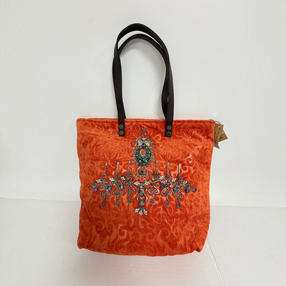 Lynn's Closet Boutique orange velvet tote with embossed damask pattern, crystal embellishments, and turquoise accents.