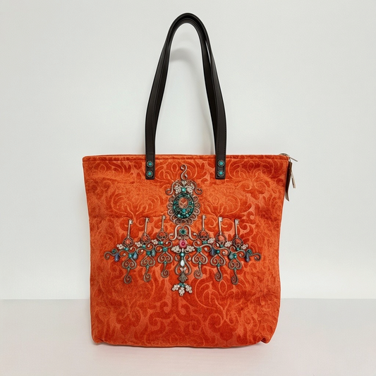 Lynn's Closet Boutique orange velvet tote with embossed damask pattern, crystal embellishments, and turquoise accents.