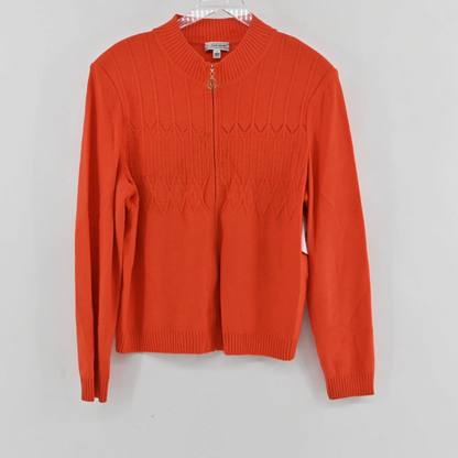 Lynn's Closet Boutique St. John Sport orange zip-up sweater with mock neck and intricate chest knit pattern