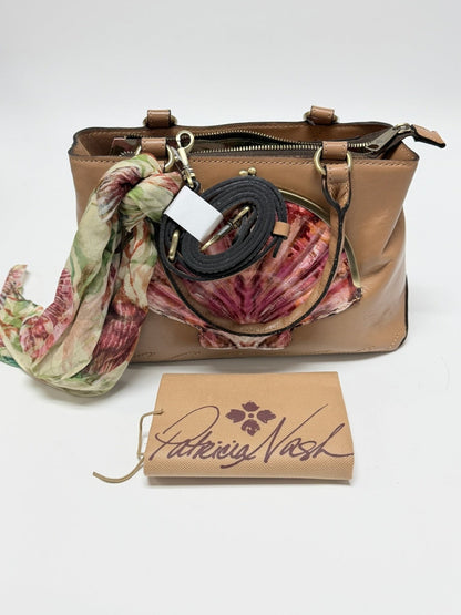 Lynn's Closet Boutique Patricia Nash Angela satchel in camel leather with seashell embellishment and floral scarf