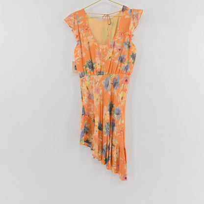 Lynn's Closet Boutique Amanda Uprichard peach floral midi dress with flutter sleeves and asymmetrical high-low hem