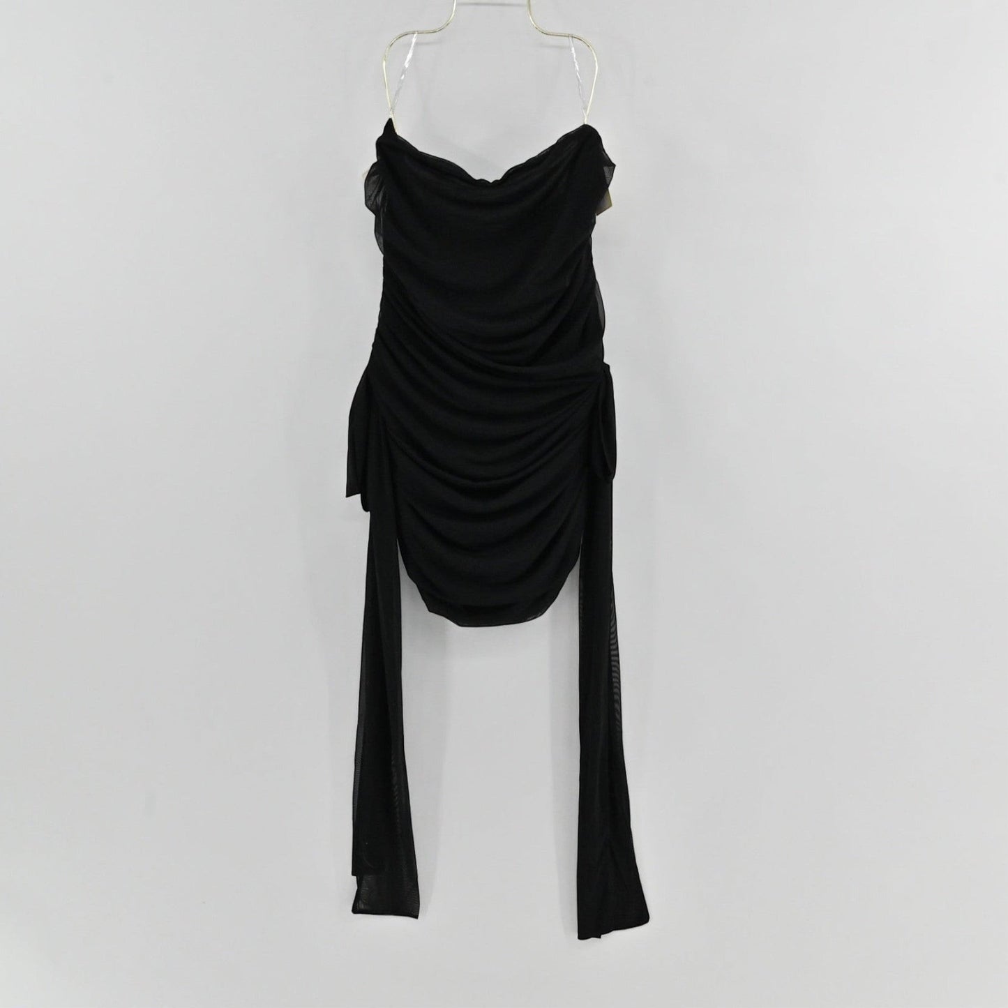 Lynn's Closet Boutique PepperMayo Georgie black strapless mini dress with ruching and side-tie mesh accents.