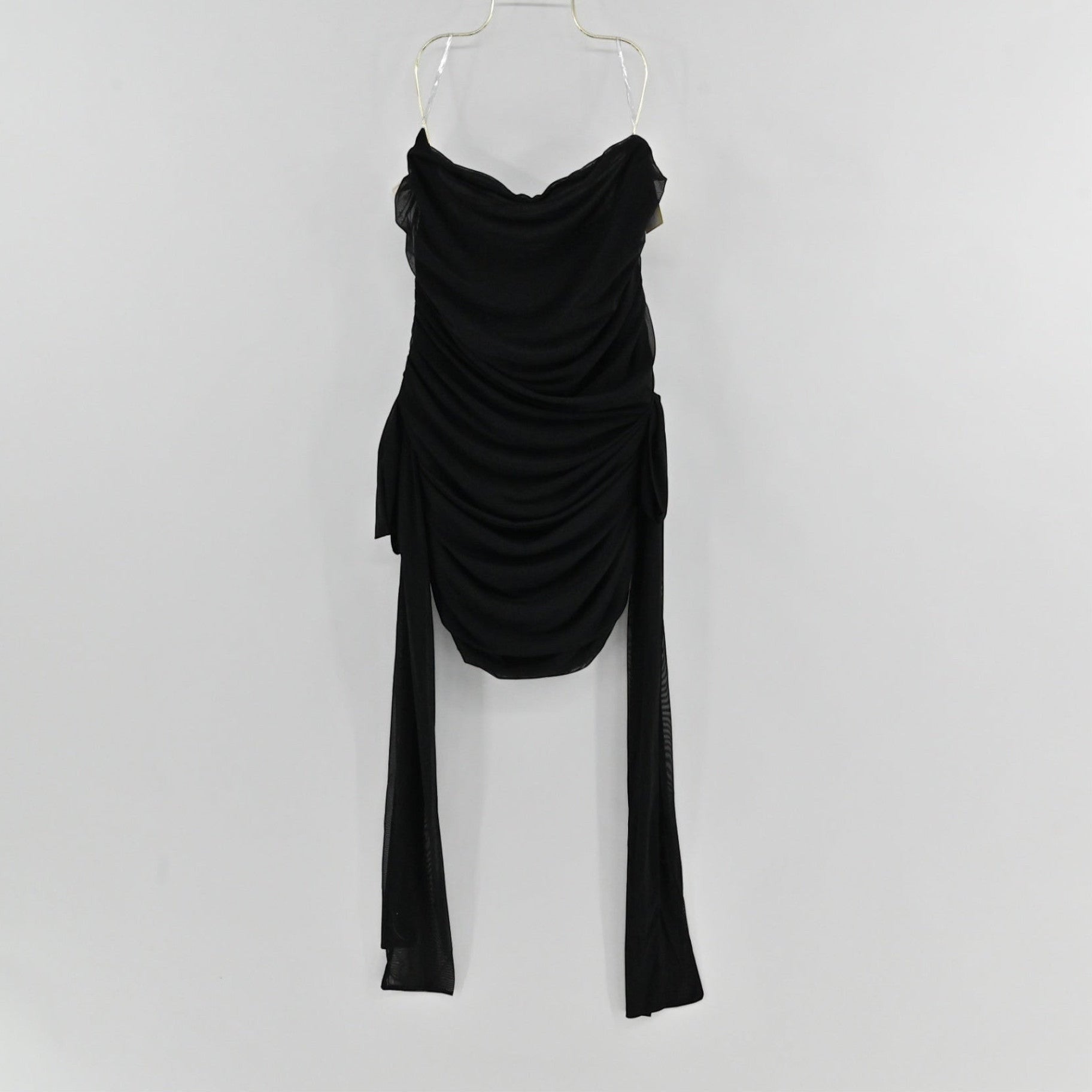Lynn's Closet Boutique PepperMayo Georgie black strapless mini dress with ruching and side-tie mesh accents.