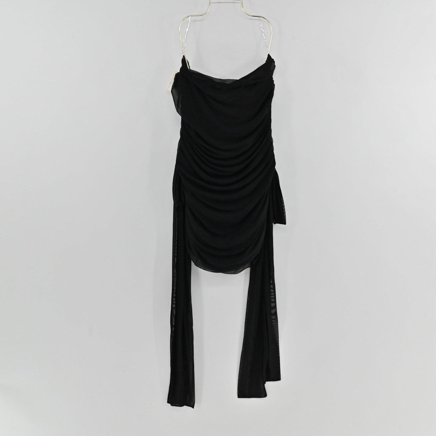 Lynn's Closet Boutique PepperMayo Georgie black strapless mini dress with ruching and mesh side-tie details.