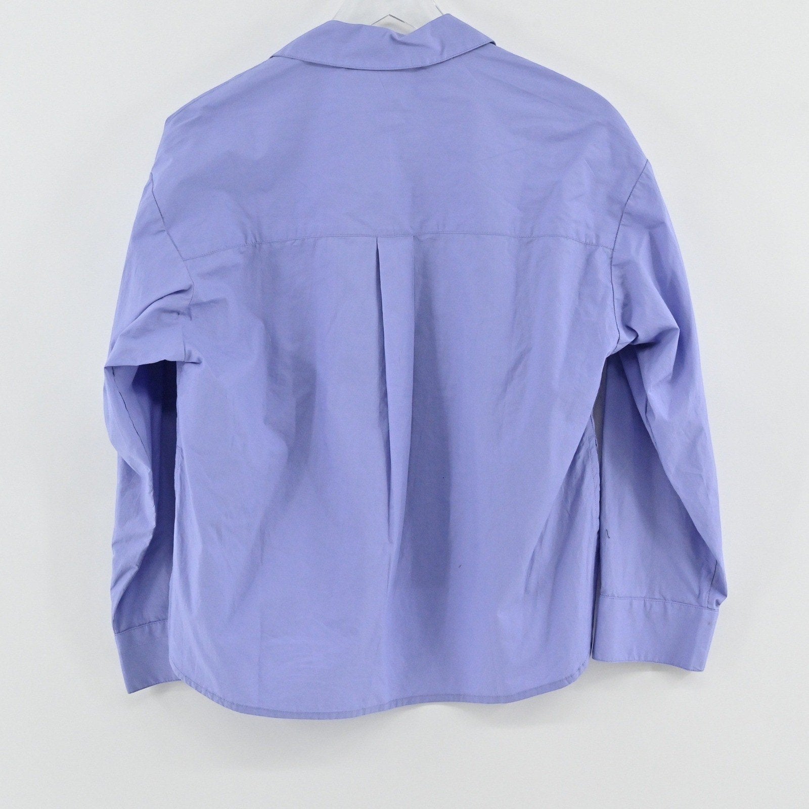 Lynn's Closet Boutique Anthropologie periwinkle purple popover blouse, back view showing collared neckline and pleat.