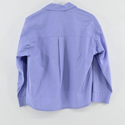 Lynn's Closet Boutique Anthropologie periwinkle purple popover blouse, back view showing collared neckline and pleat.