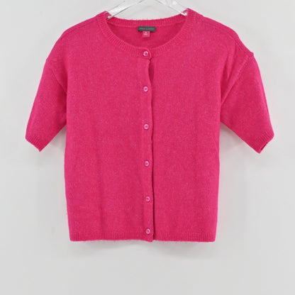 Lynn's Closet Boutique hot pink Vince Camuto short sleeve knit cardigan with a crew neck and button-front closure.