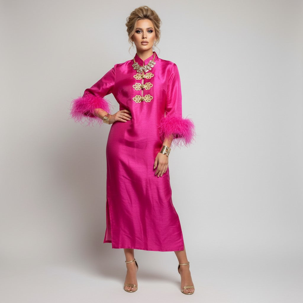 Lynn's Closet Boutique pink silk dress with feather cuffs and gold frog closures, size L