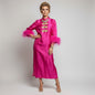 Lynn's Closet Boutique pink silk dress with feather cuffs and gold frog closures, size L