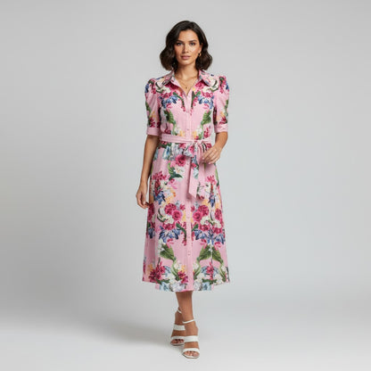Lynn's Closet Boutique pink floral midi dress with puff sleeves, collared neckline, button front, and tie waist. Size XS.