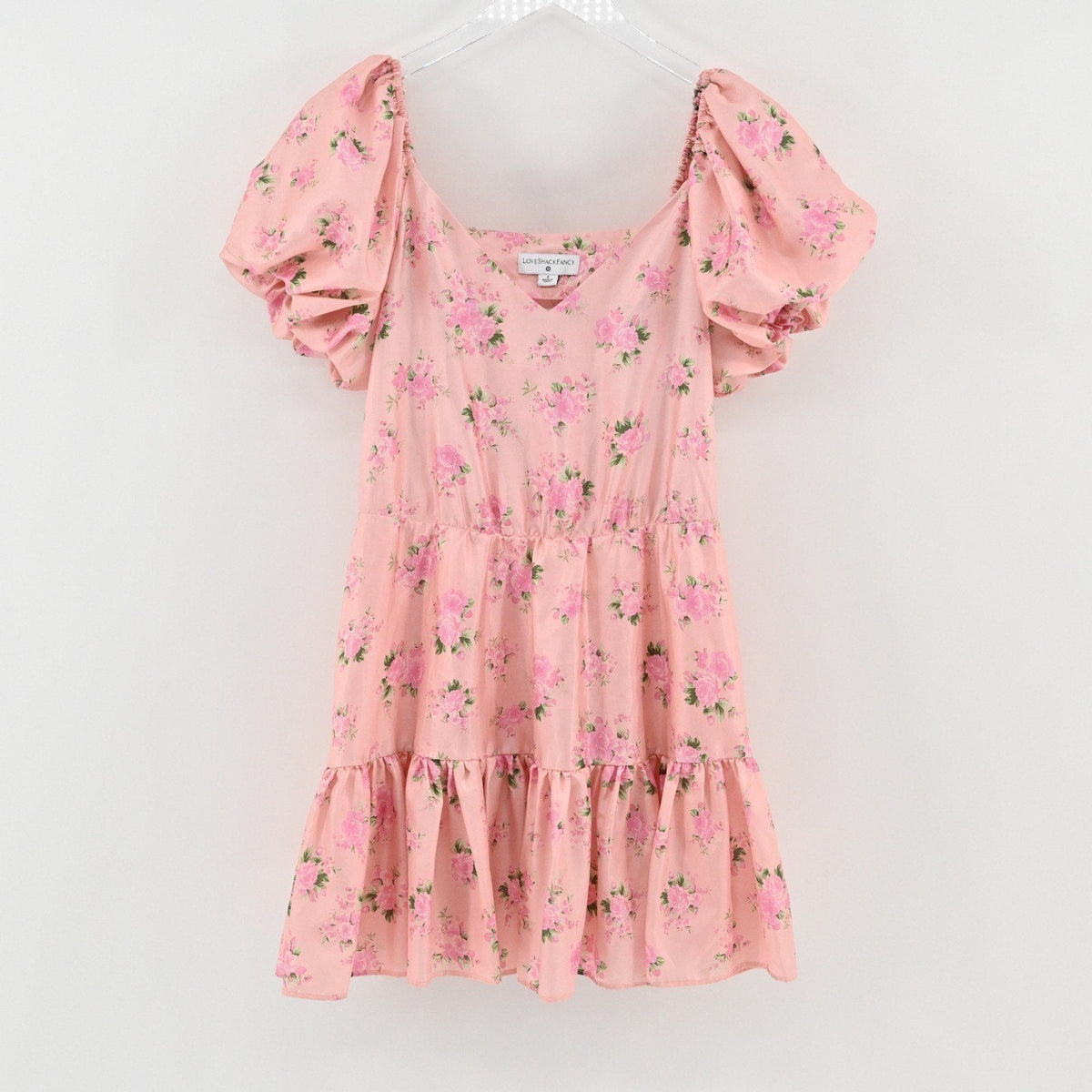 Lynn's Closet Boutique pink floral mini dress with puff sleeves and square neckline by LoveShackFancy for Target