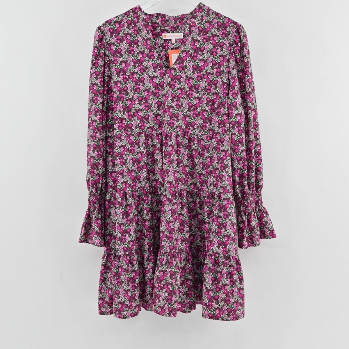 Lynn's Closet Boutique Jude Connally pink floral tiered mini dress with V-neck and long ruffled cuff sleeves