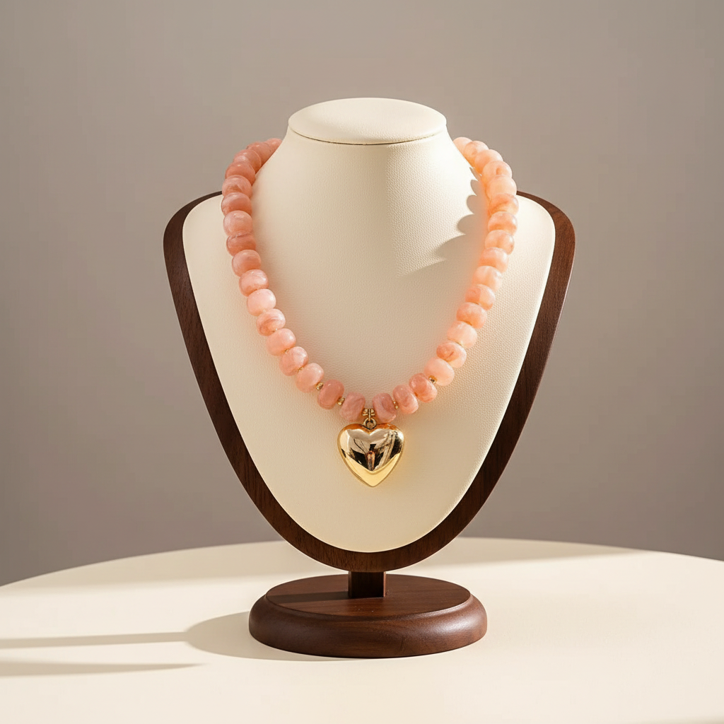 Lynn's Closet Boutique pink acrylic chunky bead necklace with a polished gold-tone heart pendant on a display bust.
