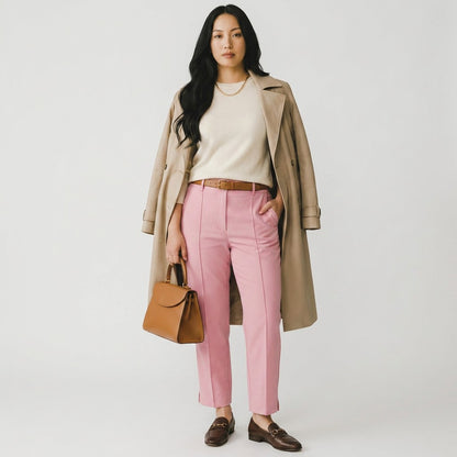 Model wearing Lynn's Closet Boutique Veronica Beard Kean pink high-rise tailored trousers with front seam detailing.