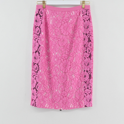 Lynn's Closet Boutique No21 pink lace pencil skirt with black side panel detailing hanging on a white background.