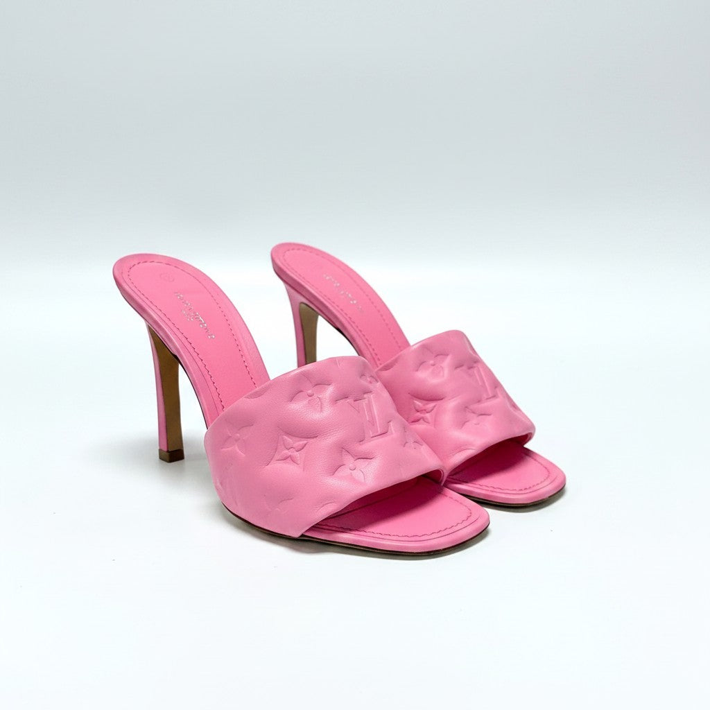 Lynn's Closet Boutique pink leather mules with embossed Louis Vuitton monogram and square toe. Size 38.5.
