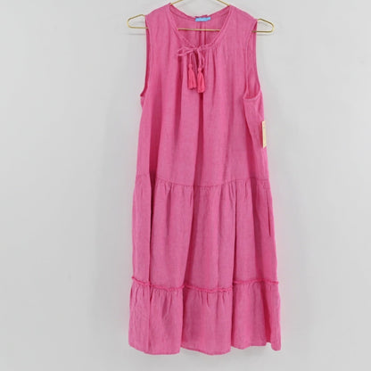 Lynn's Closet Boutique J. McLaughlin pink linen sleeveless midi dress with tiered skirt, tassel tie, and raw edges.