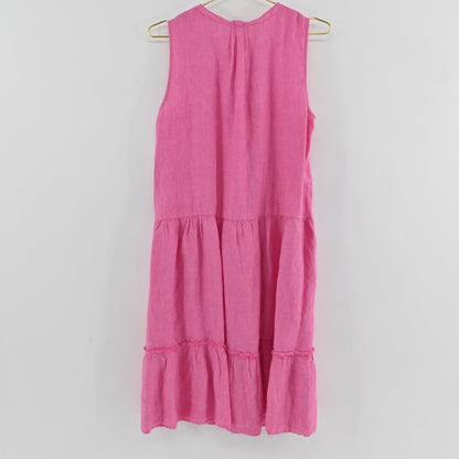Lynn's Closet Boutique J. McLaughlin pink sleeveless linen midi dress with a tiered skirt and raw-edge detailing.