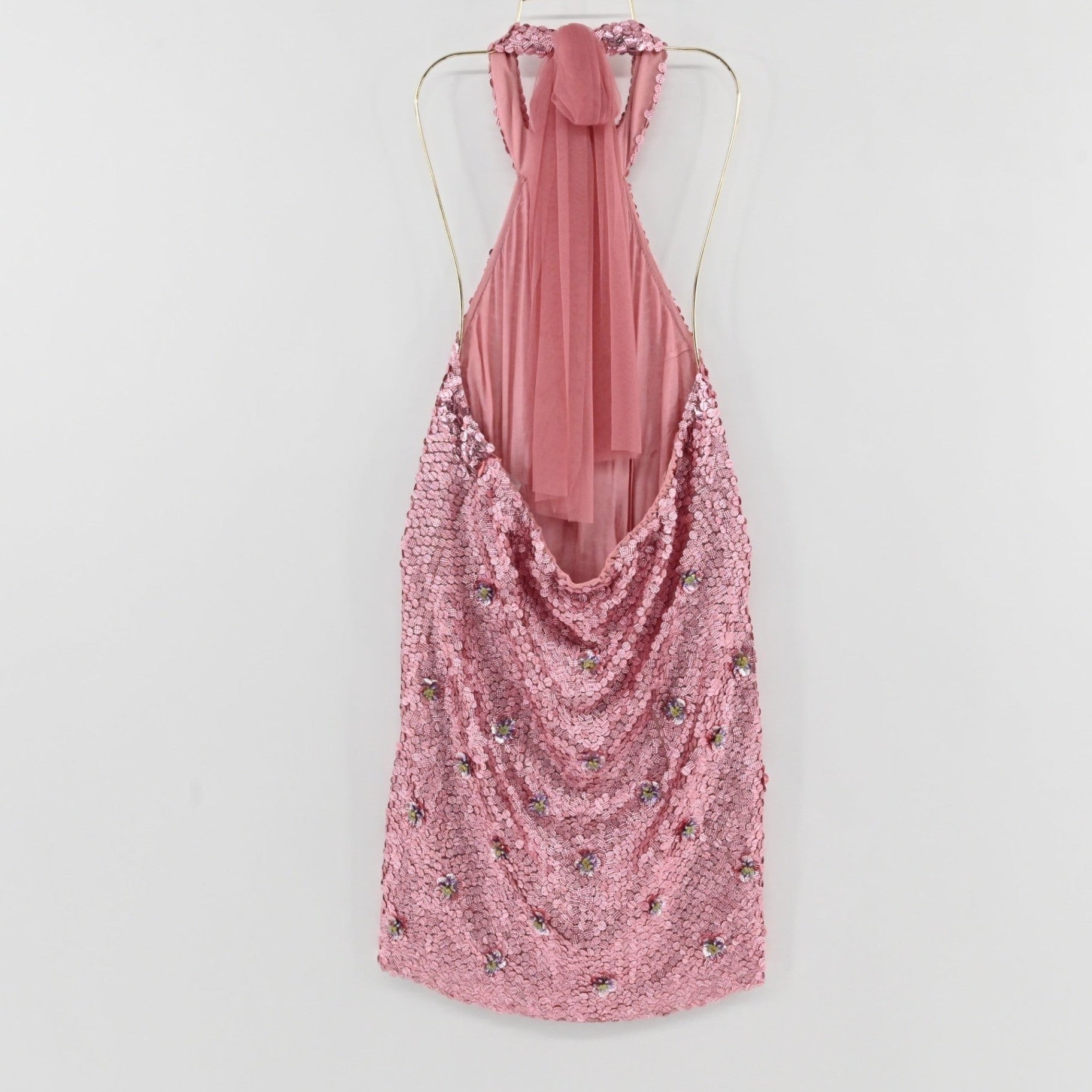Lynn's Closet Boutique Anthropologie Verb pink sequin mini dress with halter neck and floral embellishments