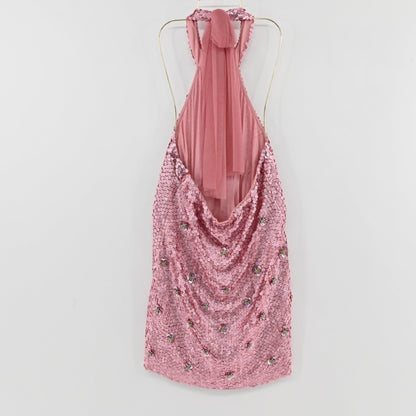 Lynn's Closet Boutique Anthropologie Verb pink sequin mini dress with halter neck and floral embellishments