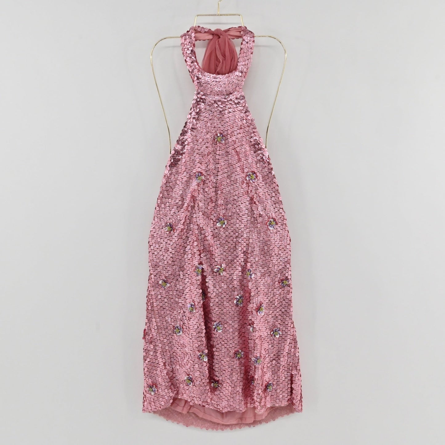 Lynn's Closet Boutique Anthropologie Verb pink sequin mini dress with halter neck and floral embellishments