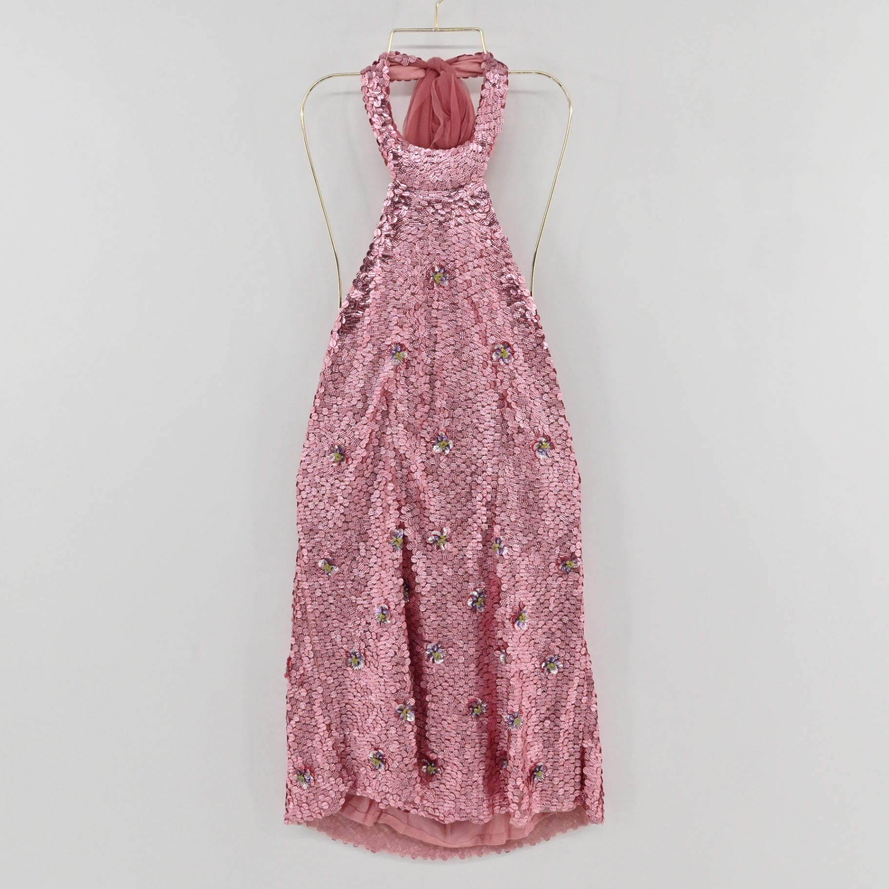 Lynn's Closet Boutique Anthropologie Verb pink sequin mini dress with halter neck and floral embellishments