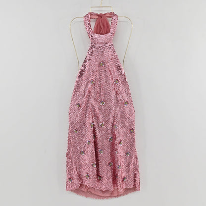 Lynn's Closet Boutique Anthropologie Verb pink sequin mini dress with halter neck and floral embellishments