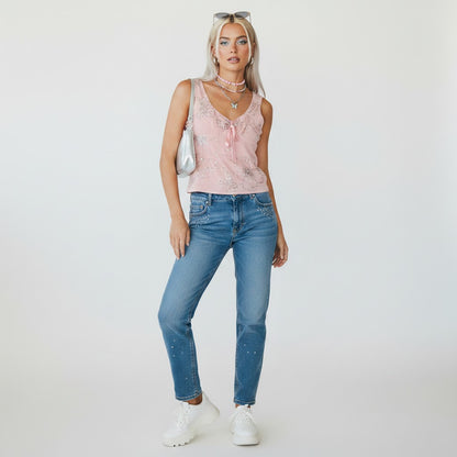 Lynn's Closet Boutique pink sequin tank top with butterfly detail and tie front, size 2.