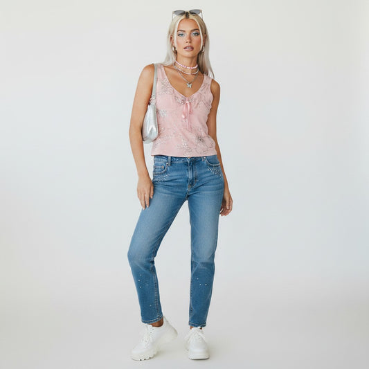 Lynn's Closet Boutique pink sequin tank top with butterfly detail and tie front, size 2.