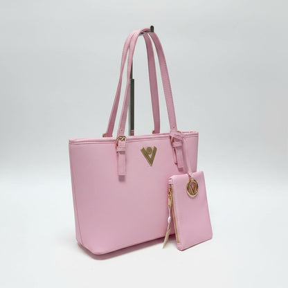 Lynn's Closet Boutique Valentino Orlandi pink textured tote bag with gold hardware and matching accessory pouch.