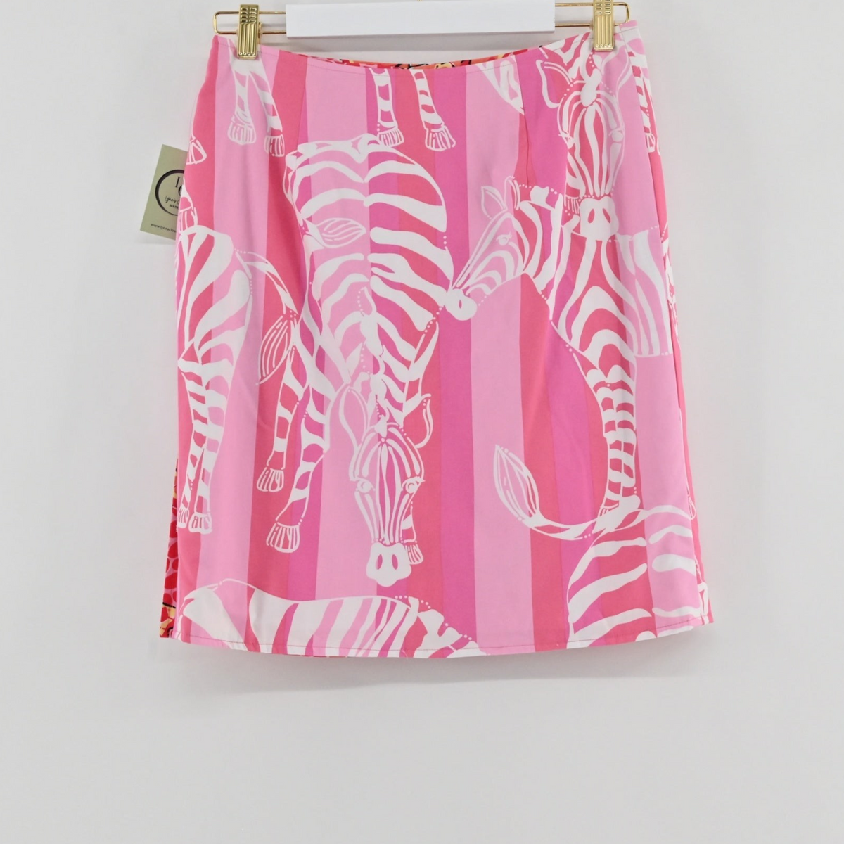 Lynn's Closet Boutique Lilly Pulitzer reversible skirt in pink and white zebra print with vertical stripes