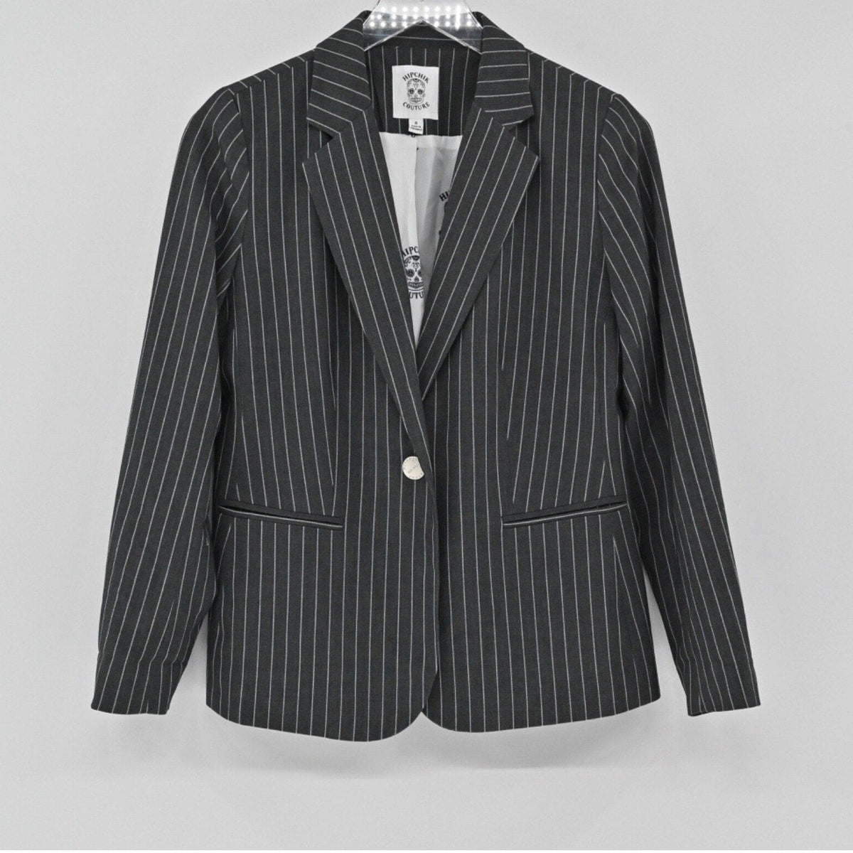 Lynn's Closet Boutique charcoal grey pinstripe blazer with single-button closure and structured lapels