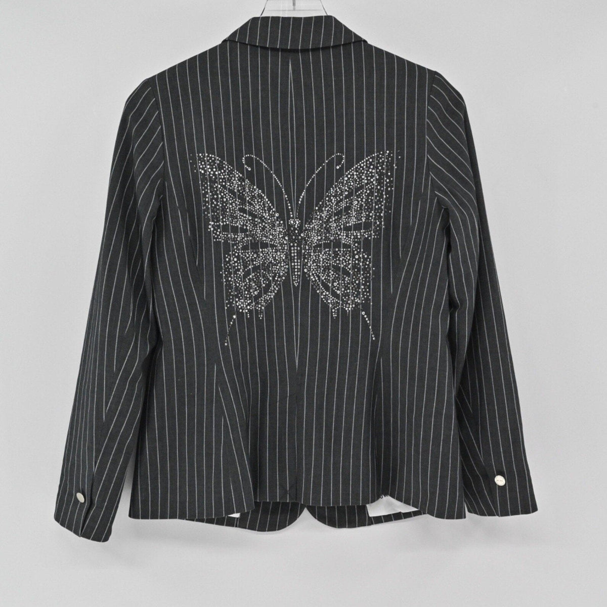 Lynn's Closet Boutique charcoal pinstripe blazer with a large crystal-embellished butterfly design on the back