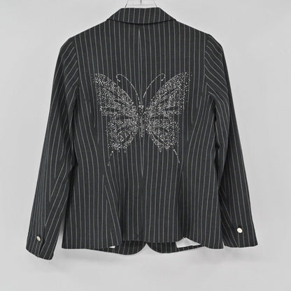 Lynn's Closet Boutique charcoal pinstripe blazer with a large crystal-embellished butterfly design on the back