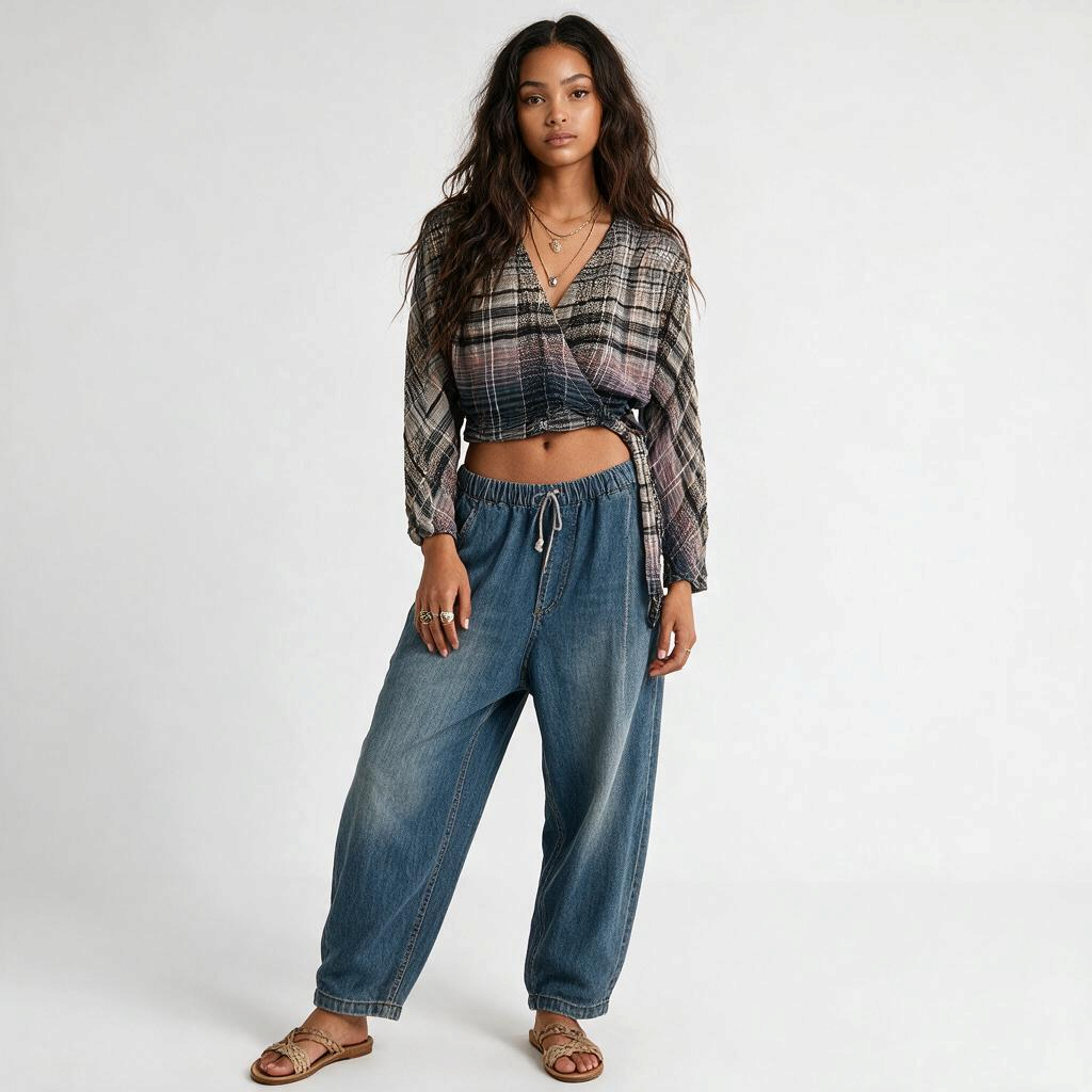 Model wearing Lynn's Closet Boutique Free People plaid wrap top with gradient wash, long sleeves, and cropped fit.