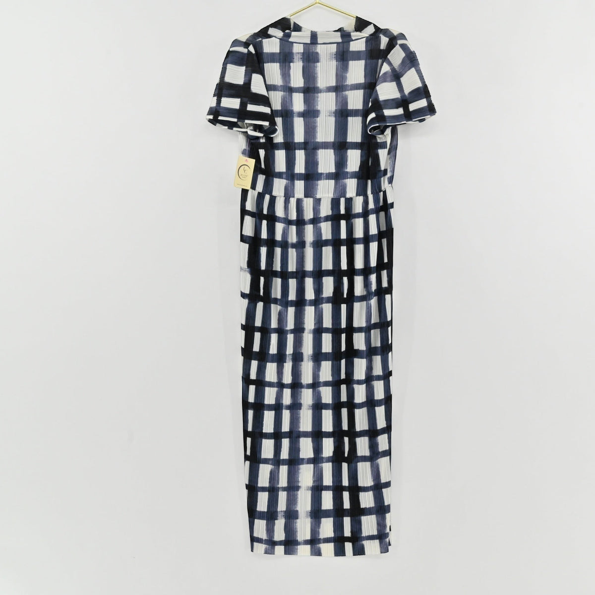Lynn's Closet Boutique Bitte Kai Rand navy and white grid pleated midi dress with short sleeves and side pockets