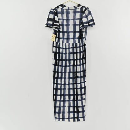 Lynn's Closet Boutique Bitte Kai Rand navy and white grid pleated midi dress with short sleeves and side pockets
