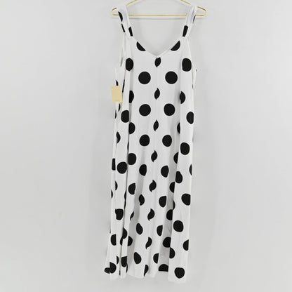 Lynn's Closet Boutique Pomander Place white midi dress with black polka dots, sleeveless V-neck, size XL.