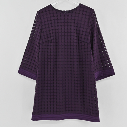 Lynn's Closet Boutique Trina Turk purple mini dress with geometric circle overlay and three-quarter length sleeves.