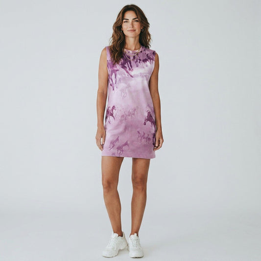 A model wearing a Lynn's Closet Boutique AllSaints sleeveless mini dress in purple with an ethereal horse print.