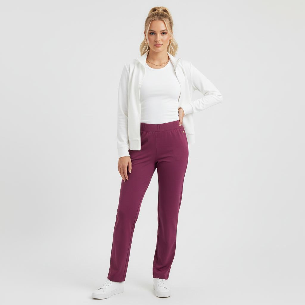 Model wearing Lynn's Closet Boutique purple Lilly Pulitzer leggings with a white zip-up jacket and sneakers