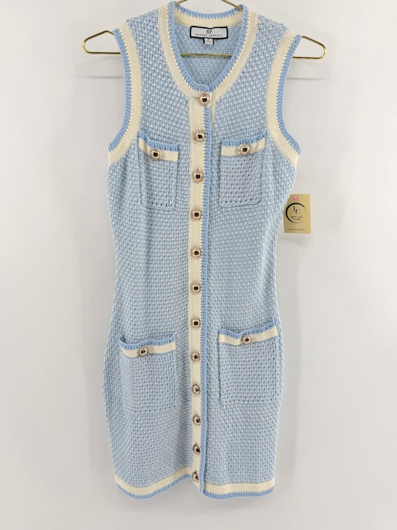 Lynn's Closet Boutique Rachel Parcell baby blue textured knit sleeveless dress with gold buttons and cream trim.