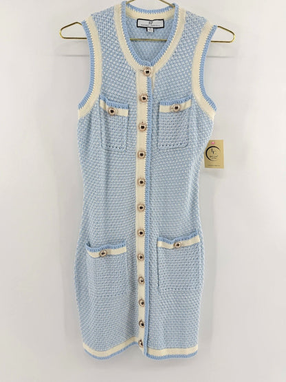 Lynn's Closet Boutique Rachel Parcell baby blue textured knit sleeveless dress with gold buttons and cream trim.